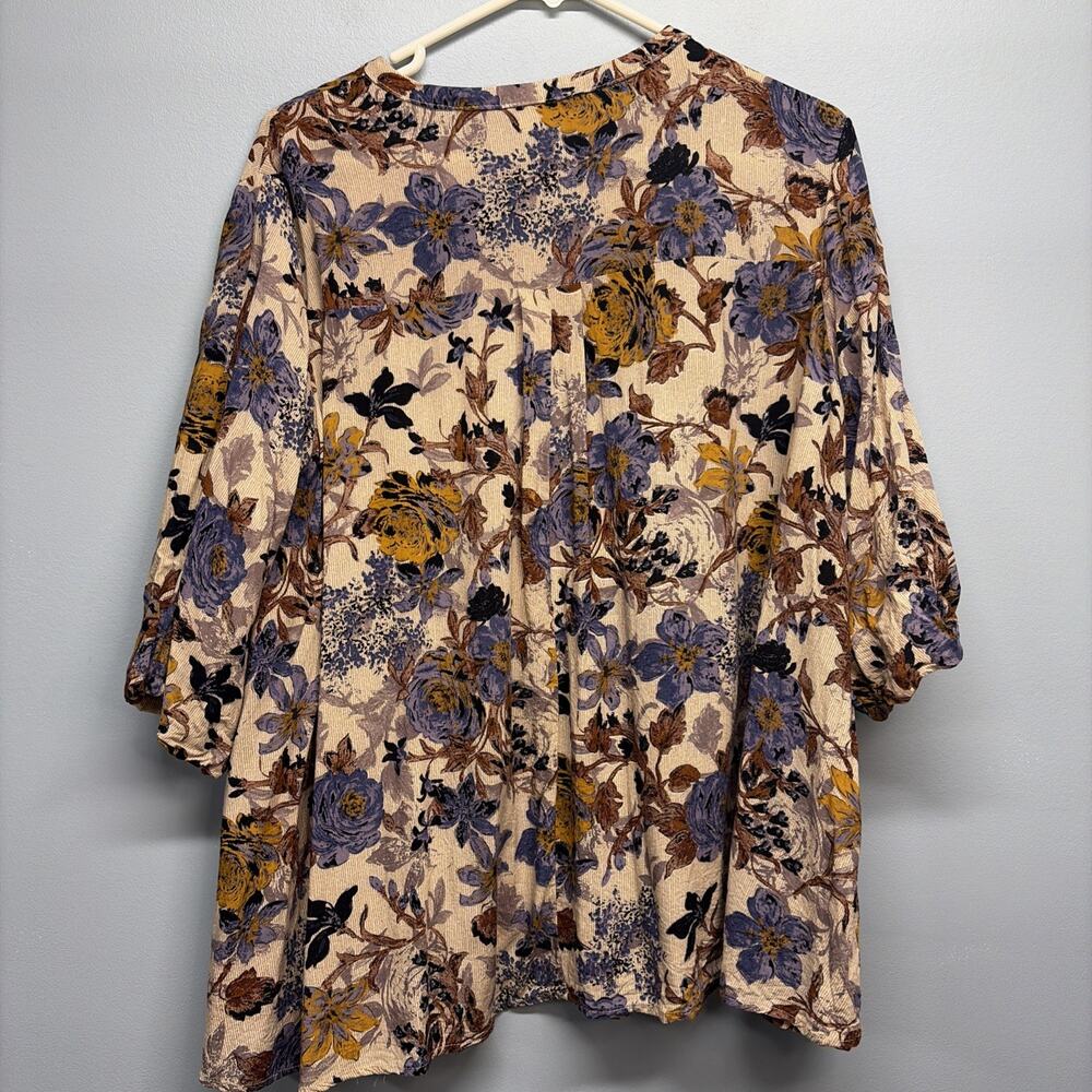 Umgee Women’s Large Boho 3/4 Balloon Sleeve Keyhole Neck Floral Top - Autumn - Picture 4 of 5